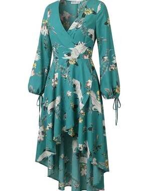 Floral Crane High-Low Wrap Dress in Teal